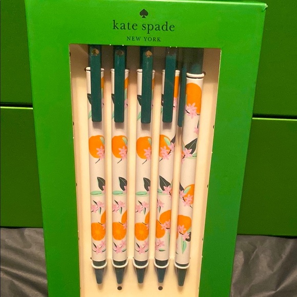Kate ♠️ Spade Orange 🍊/Floral Ink Pen Set of 5 - Picture 2 of 4